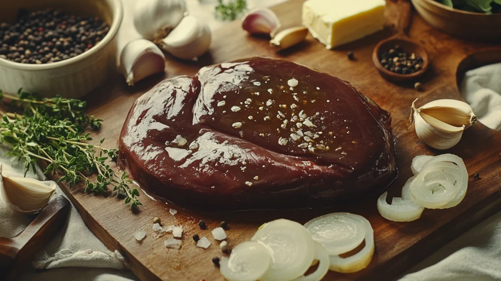 Raw beef liver and fresh ingredients on a wooden board