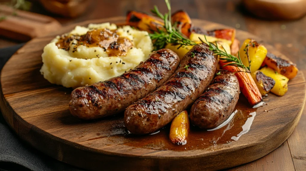 A delicious plate of grilled beef sausages served with sides.