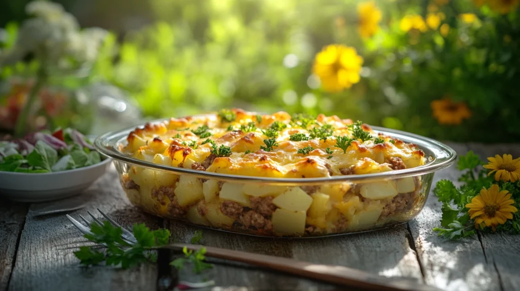 Delicious homemade hamburger potato casserole served in a baking dish