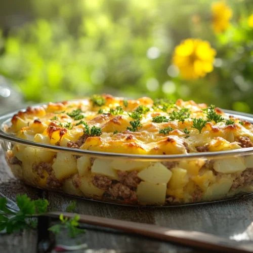 Delicious homemade hamburger potato casserole served in a baking dish