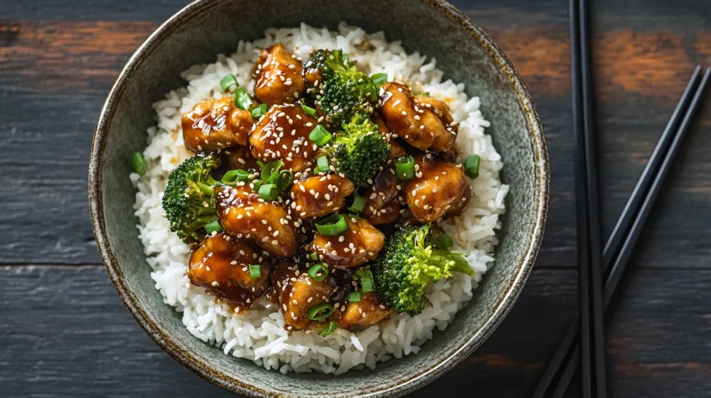 Chicken and broccoli stir-fry served over rice in a bowl