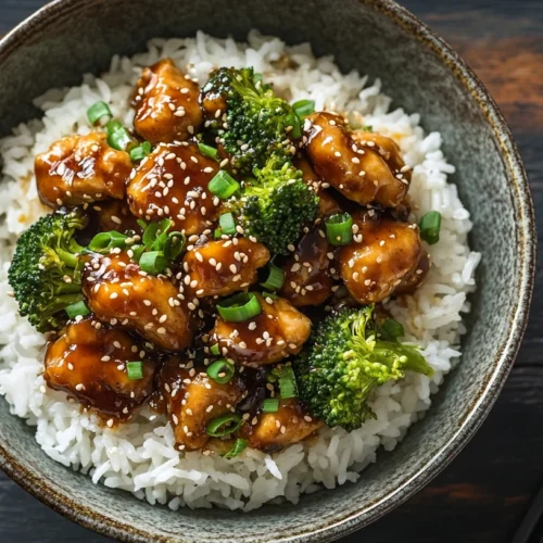 Chicken and broccoli stir-fry served over rice in a bowl