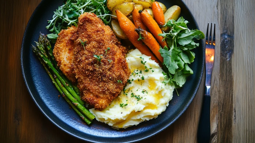 A dinner plate with Parmesan Crusted Chicken and various side dishes.