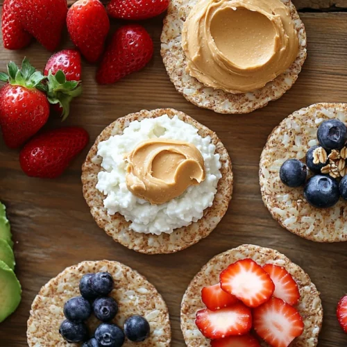 A variety of rice cakes with healthy toppings on a wooden table.