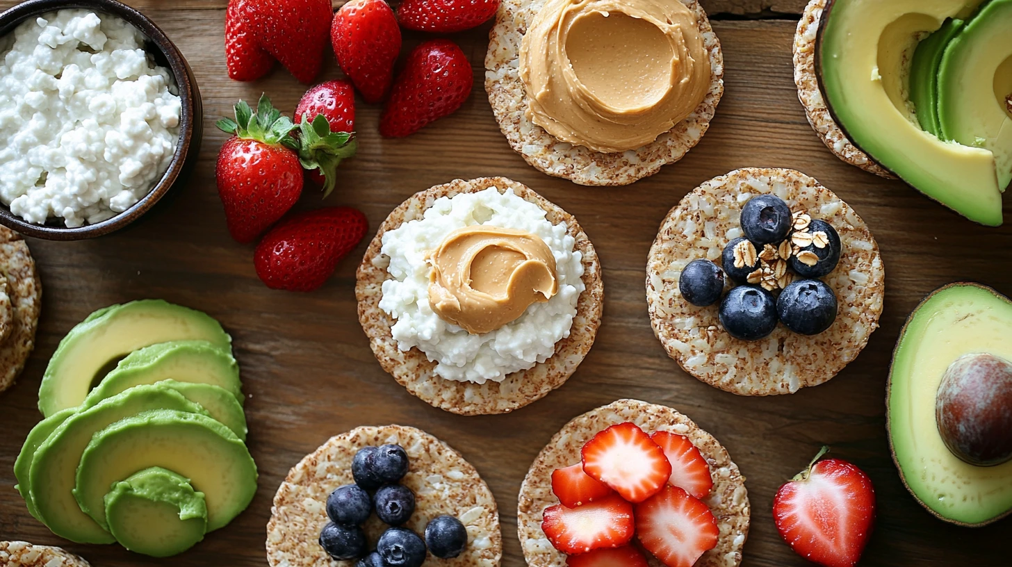 A variety of rice cakes with healthy toppings on a wooden table.