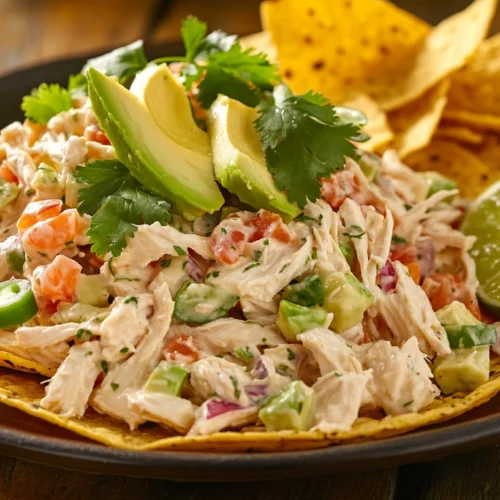 Mexican Chicken Salad served on tostadas with garnishes.