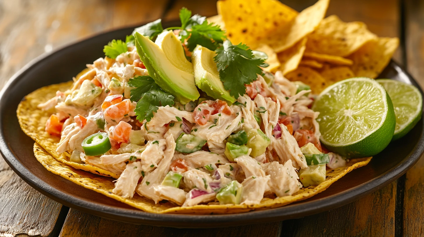 Mexican Chicken Salad served on tostadas with garnishes.