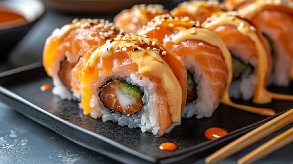 A spicy salmon sushi roll topped with spicy mayo and sesame seeds.