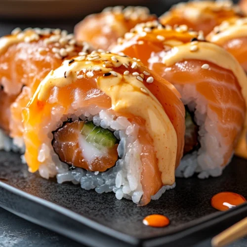 A spicy salmon sushi roll topped with spicy mayo and sesame seeds.