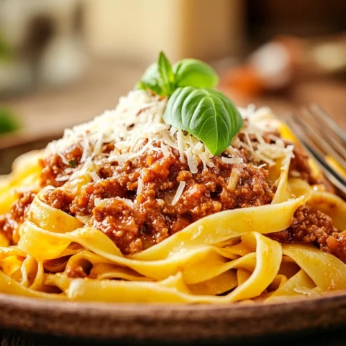 Tagliatelle pasta with Bolognese sauce and Parmesan cheese.