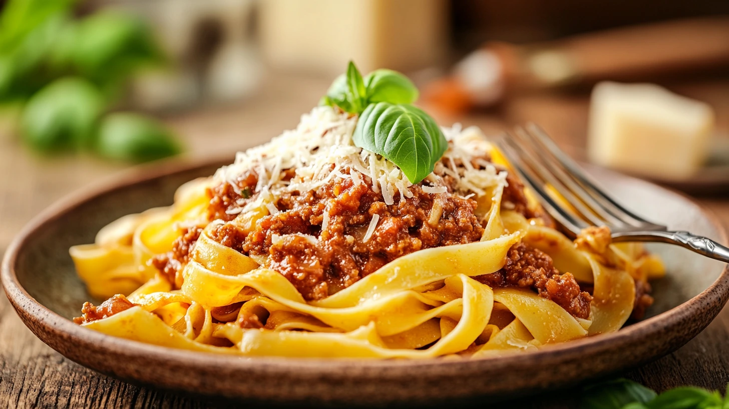 Tagliatelle pasta with Bolognese sauce and Parmesan cheese.