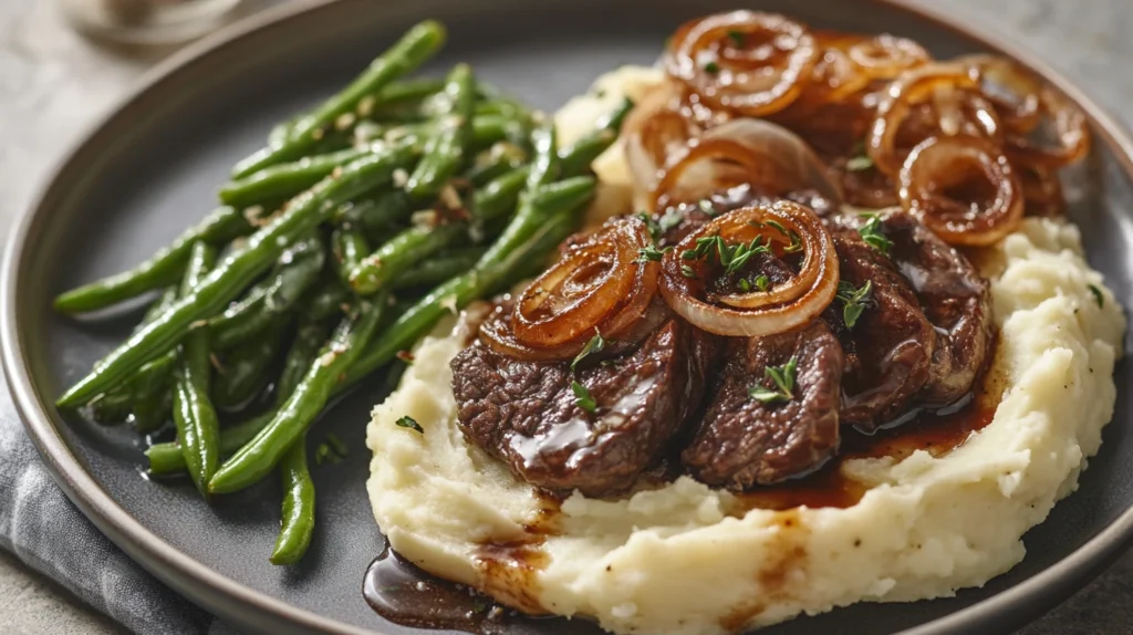Beef liver plated with mashed potatoes and vegetables
