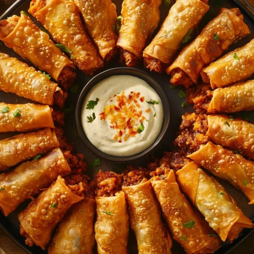 A large party platter filled with Philly Cheesesteak Egg Rolls and multiple dipping sauces.