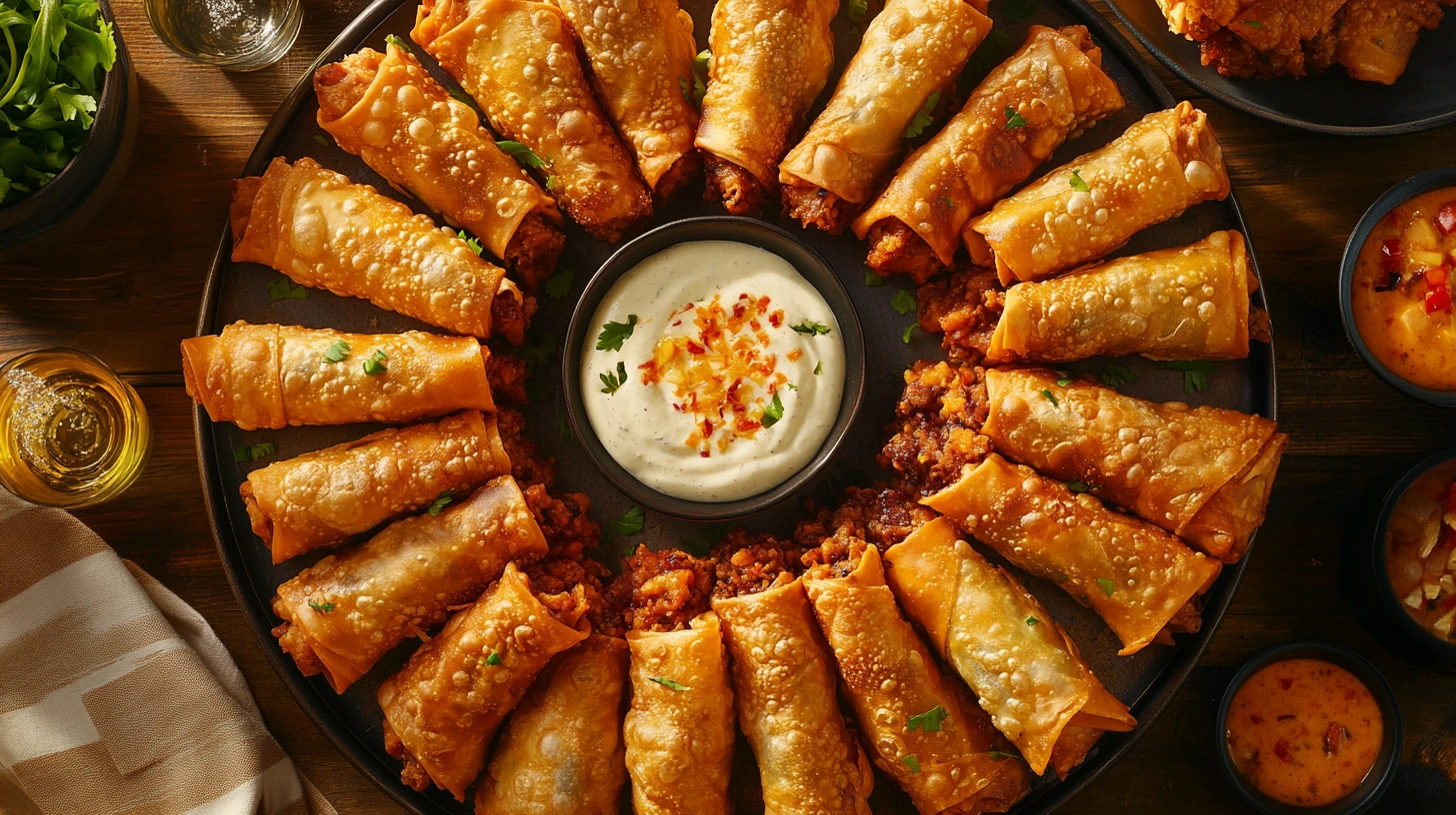 A large party platter filled with Philly Cheesesteak Egg Rolls and multiple dipping sauces.