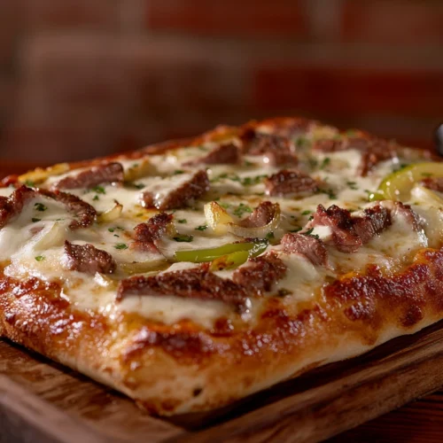 Philly cheesesteak pizza at a pizzeria with dipping sauce