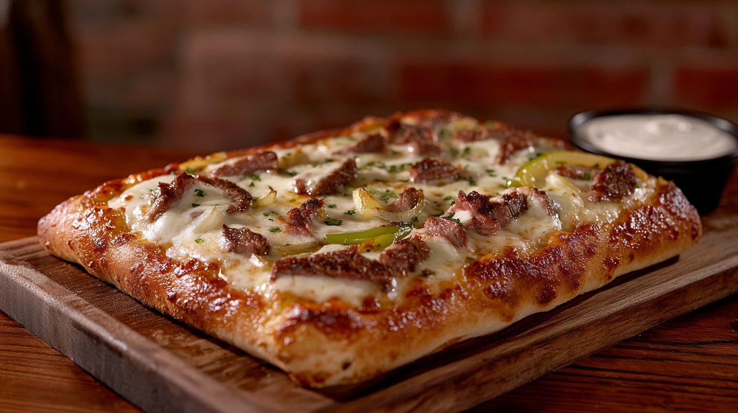 Philly cheesesteak pizza at a pizzeria with dipping sauce