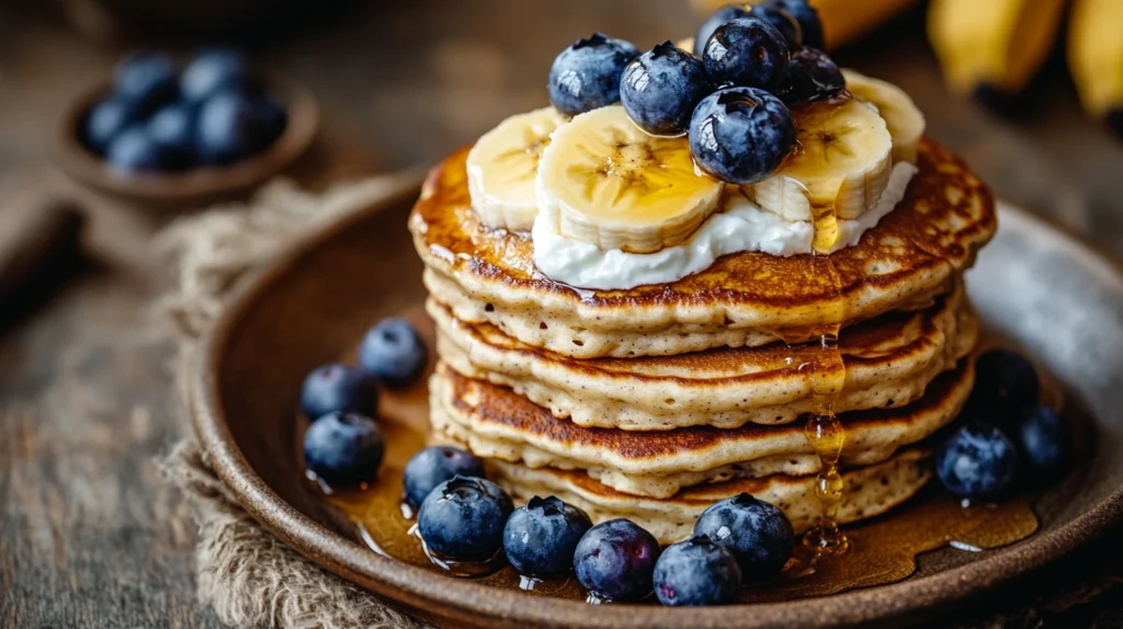 A plate of banana cottage cheese pancakes with Greek yogurt, berries, and honey drizzle.