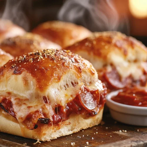 A batch of freshly baked cheesy pizza sliders on a wooden tray