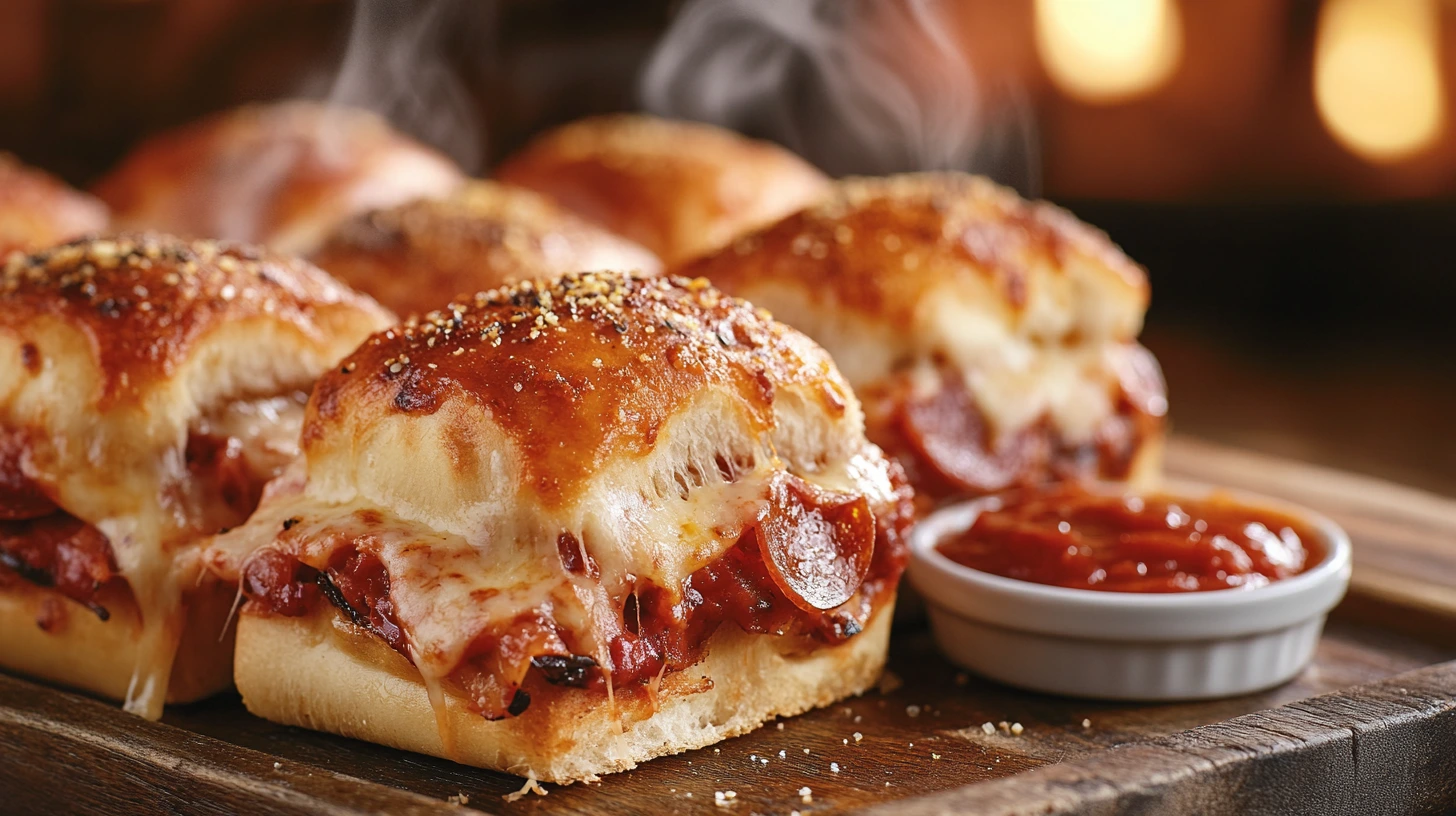 A batch of freshly baked cheesy pizza sliders on a wooden tray