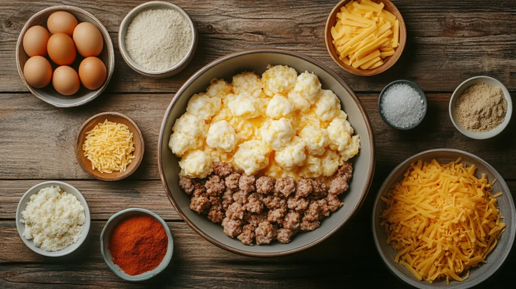 Fresh ingredients for making Tater Tot Breakfast Bake, including eggs, cheese, sausage, and tater tots.