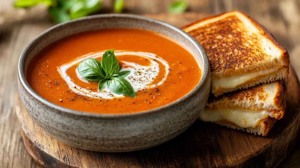 A bowl of creamy tomato soup with fresh basil and a drizzle of cream