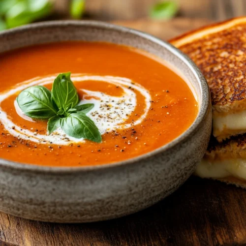 A bowl of creamy tomato soup with fresh basil and a drizzle of cream