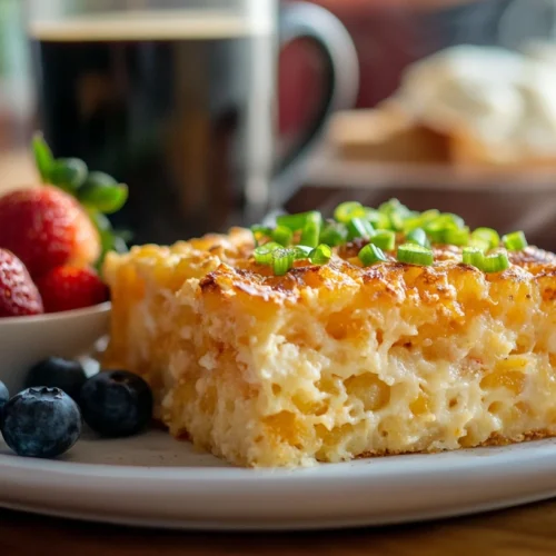 A plated serving of Tater Tot Breakfast Bake with a side of fresh fruit and a cup of coffee.