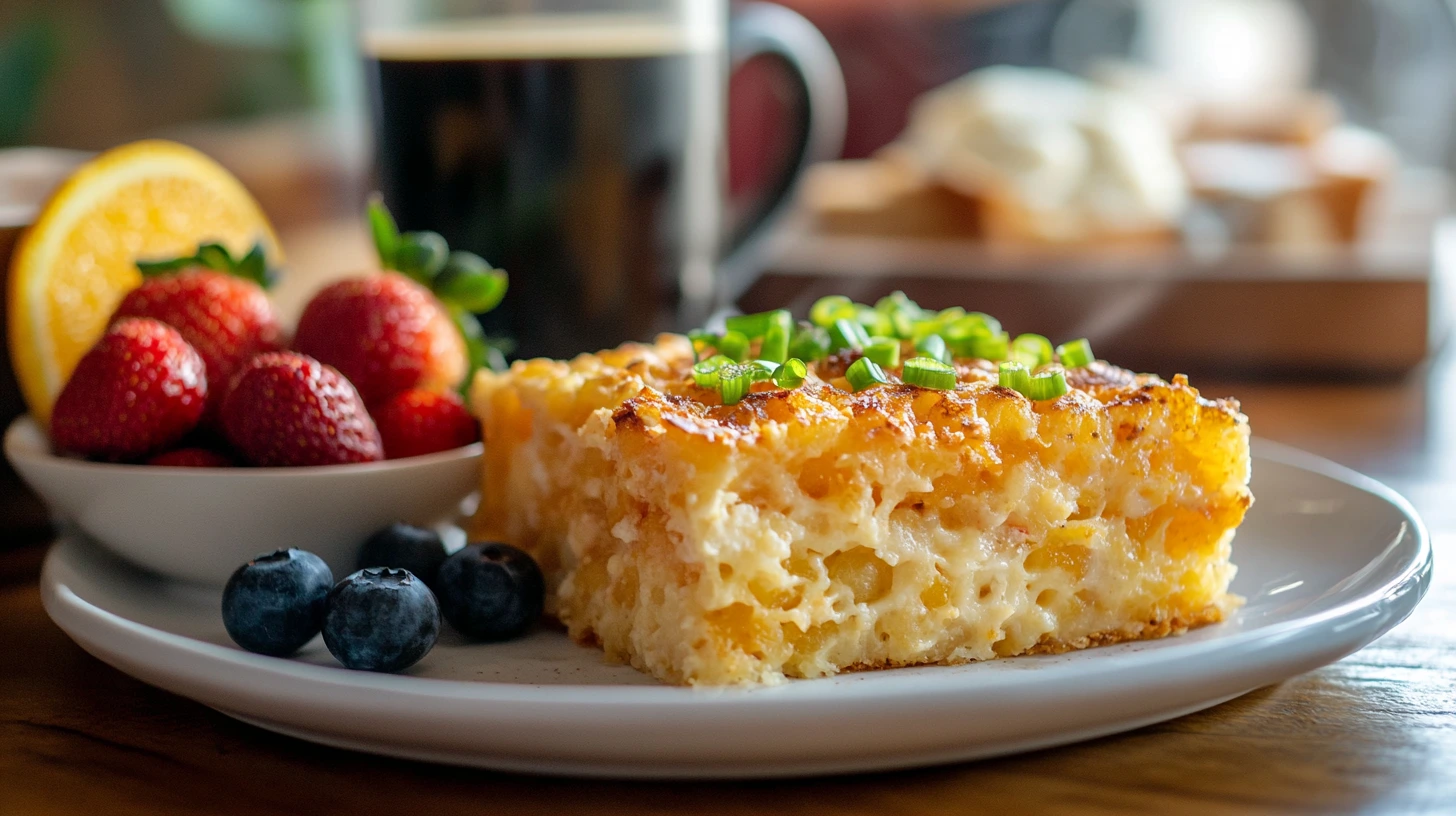 A plated serving of Tater Tot Breakfast Bake with a side of fresh fruit and a cup of coffee.