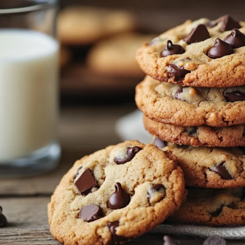 A stack of brown butter chocolate chip cookies with gooey chocolate inside