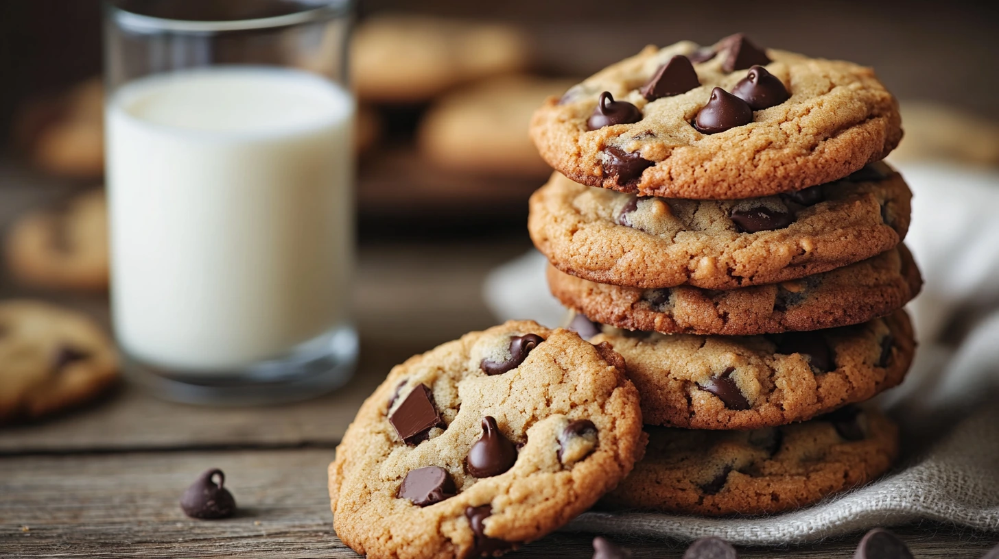 A stack of brown butter chocolate chip cookies with gooey chocolate inside