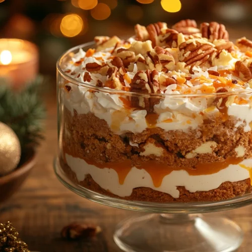 A fully assembled carrot cake trifle garnished with nuts and caramel.