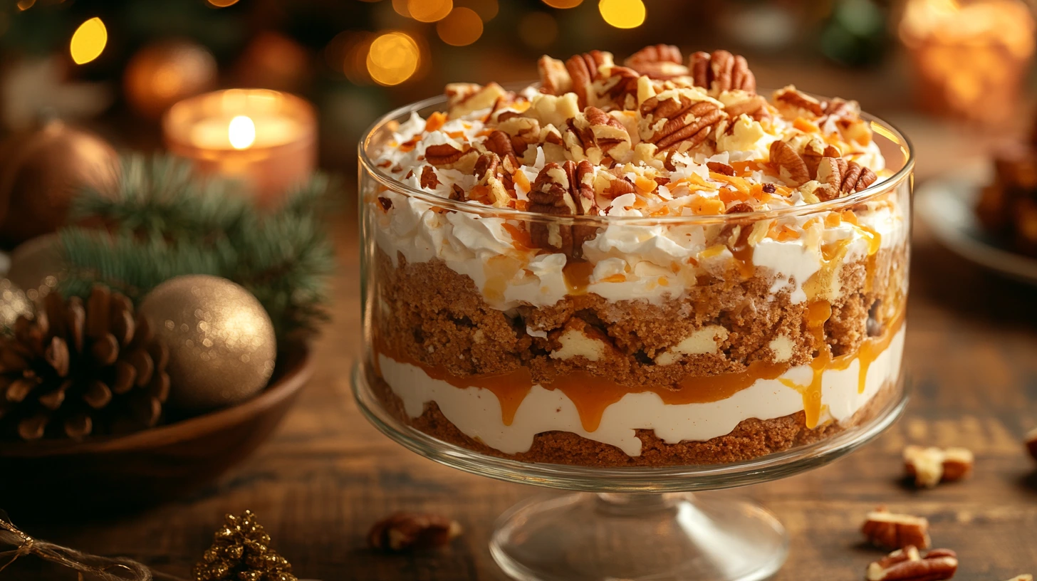 A fully assembled carrot cake trifle garnished with nuts and caramel.