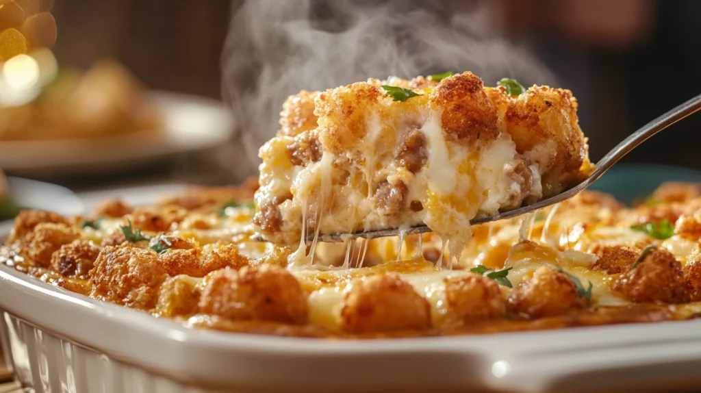 A slice of Tater Tot Breakfast Bake on a spatula, revealing layers of eggs, sausage, and cheese.
