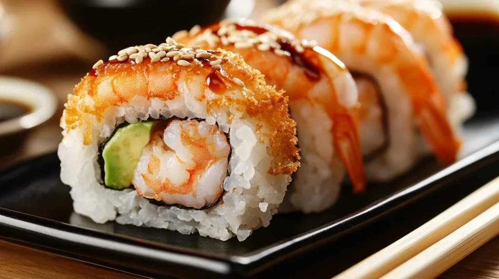 A sushi roll with shrimp tempura inside