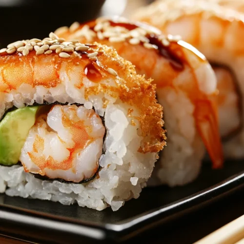 A sushi roll with shrimp tempura inside