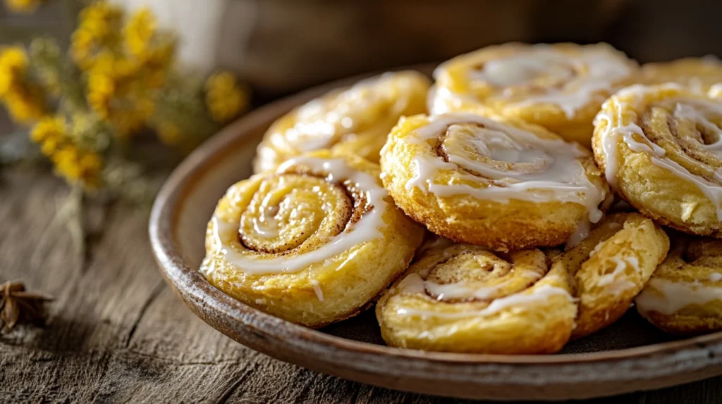 Freshly baked sourdough cinnamon rolls with golden swirls and creamy glaze