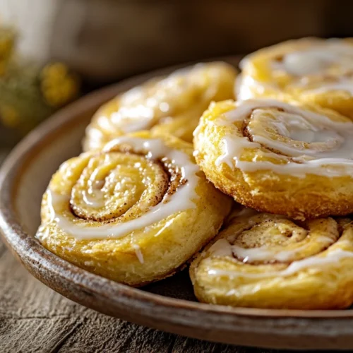 Freshly baked sourdough cinnamon rolls with golden swirls and creamy glaze