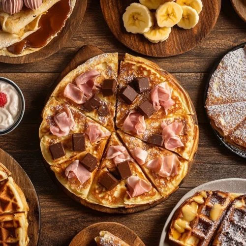 A variety of sweet and savory crêpes and waffles displayed on a rustic wooden table.