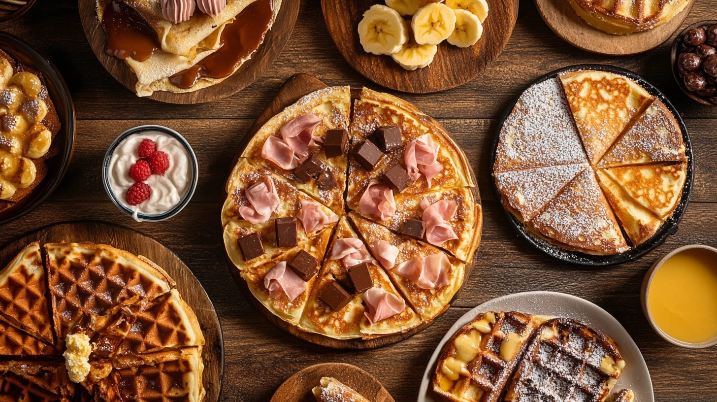 A variety of sweet and savory crêpes and waffles displayed on a rustic wooden table.