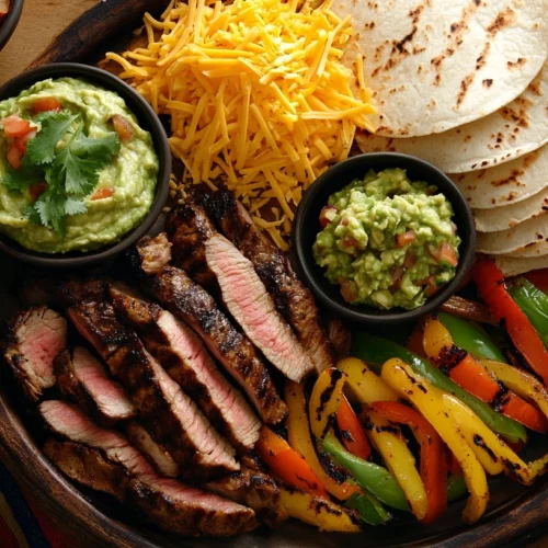 A fajita platter with grilled meats, vegetables, and fresh toppings.