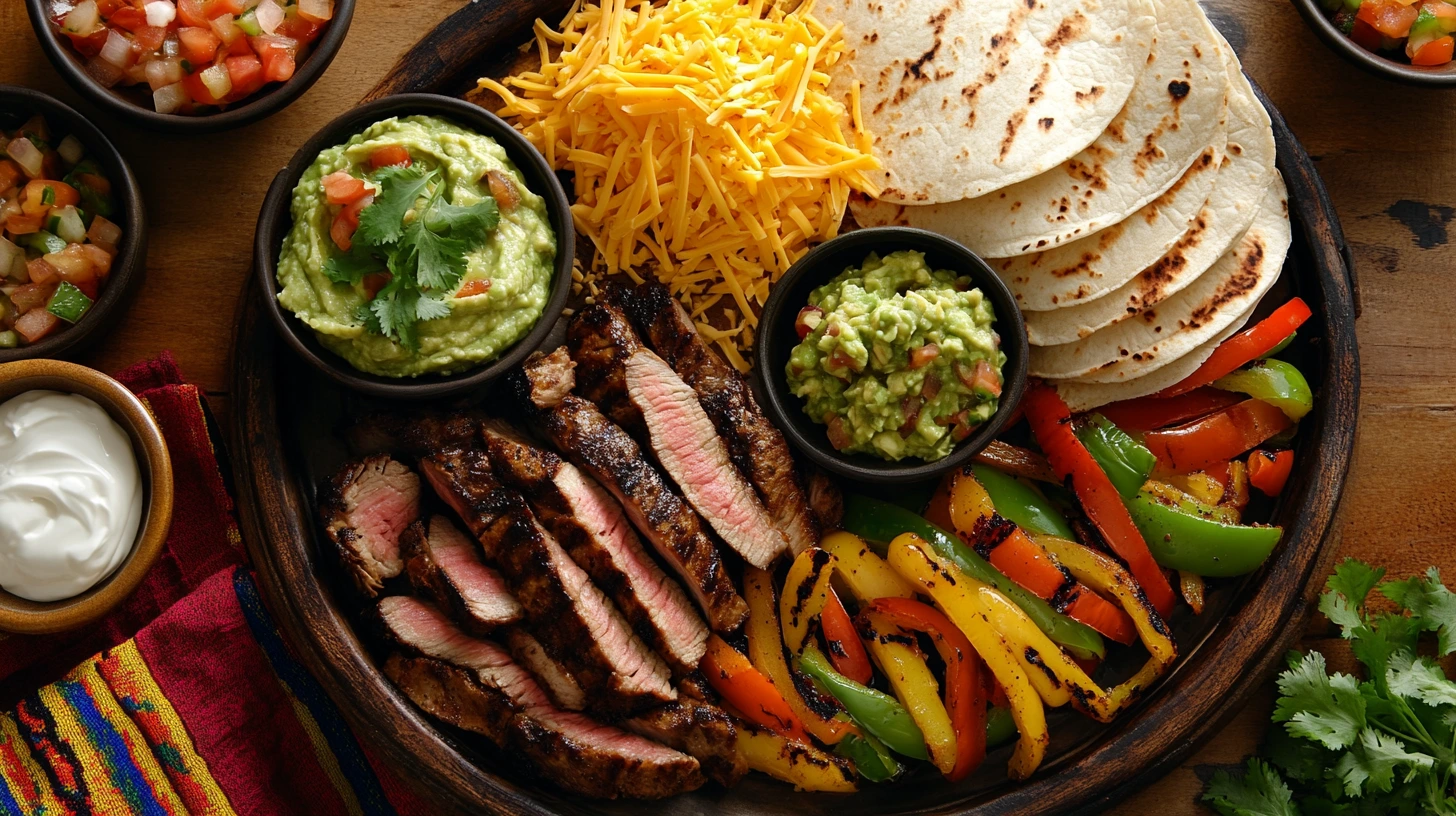 A fajita platter with grilled meats, vegetables, and fresh toppings.