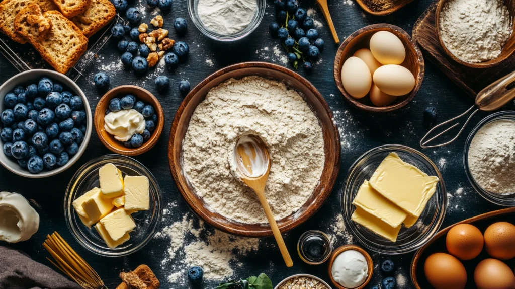 Ingredients for making blueberry cream cheese bread