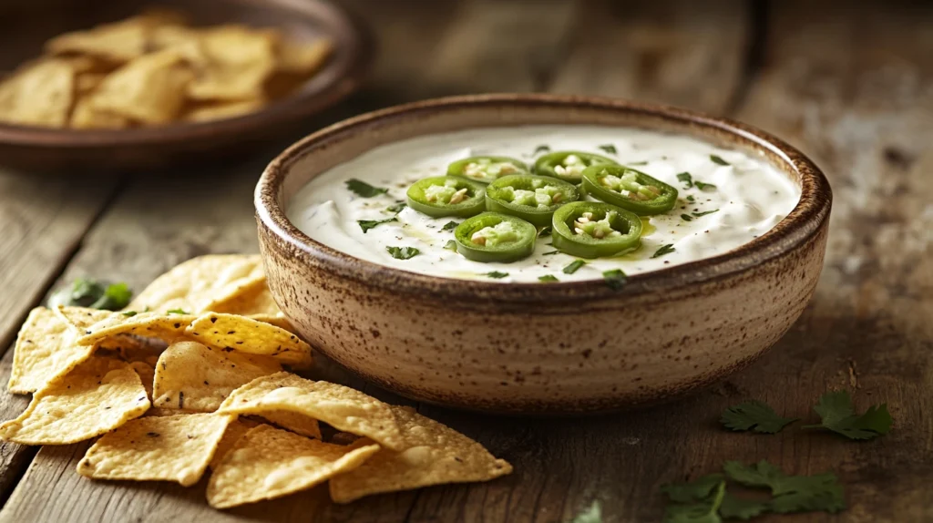 A warm, cheesy bowl of queso blanco dip with chips