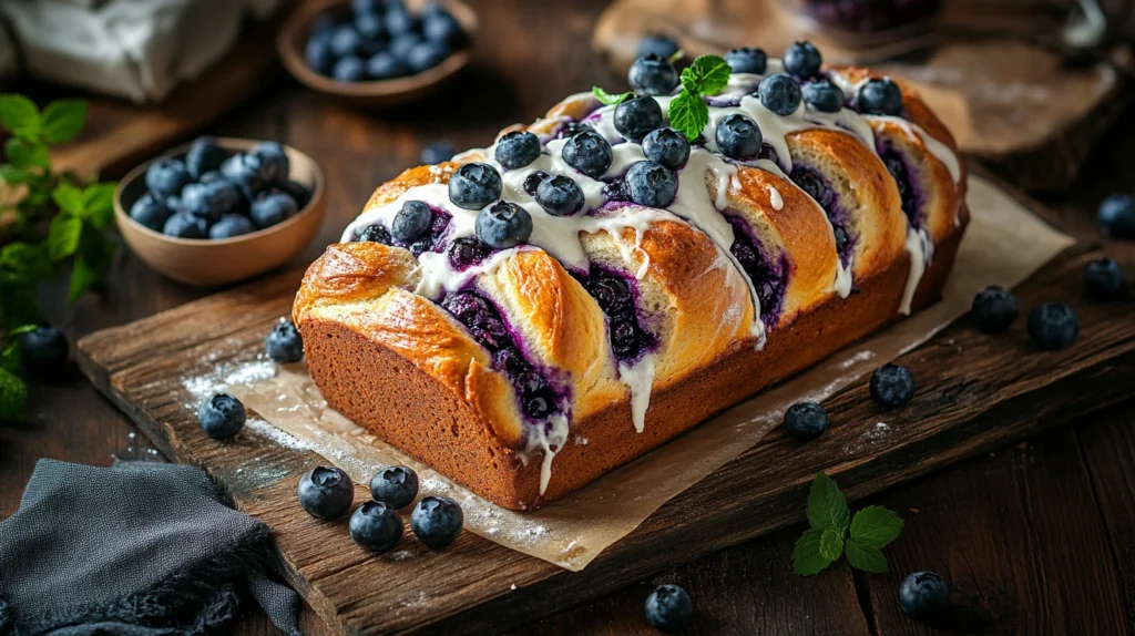 Freshly baked blueberry cream cheese bread loaf on wooden table