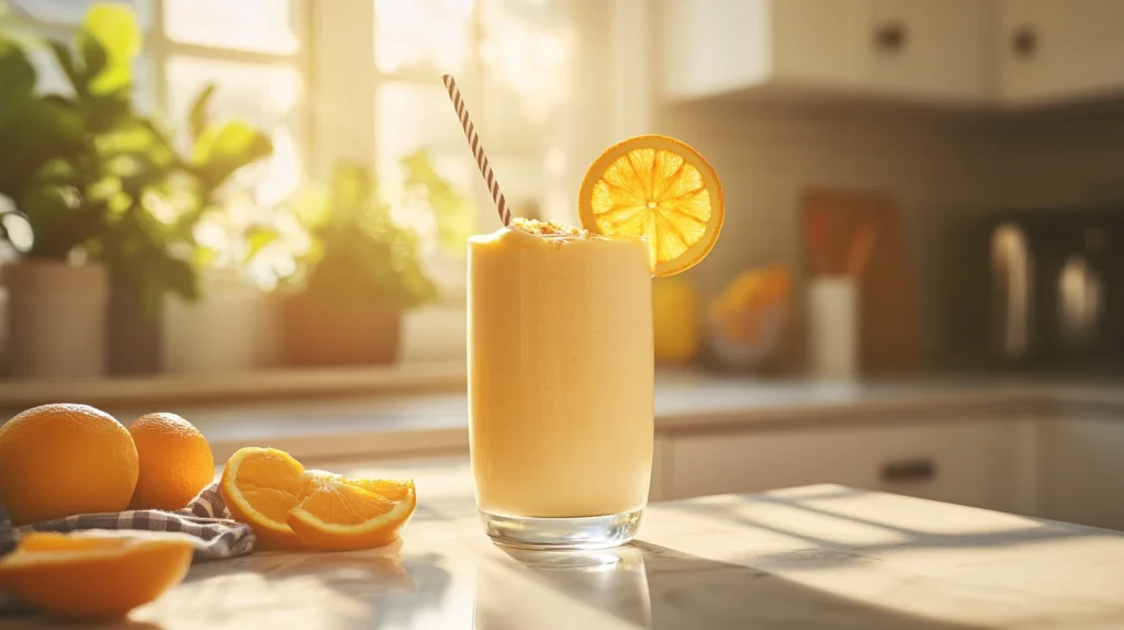 Creamy Orange Julius smoothie in a tall glass with a straw and orange slice