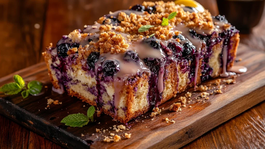 Blueberry cream cheese bread with lemon glaze and streusel topping