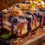Blueberry cream cheese bread with lemon glaze and streusel topping