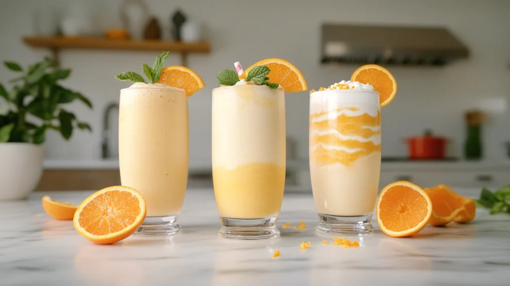 Three types of Orange Julius smoothies: classic, vegan, and protein version