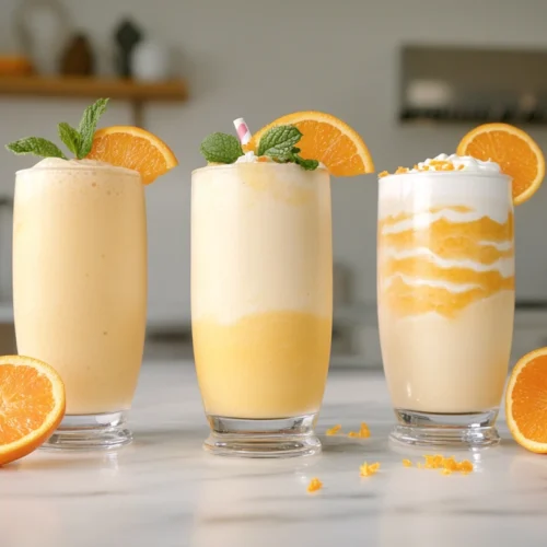 Three types of Orange Julius smoothies: classic, vegan, and protein version