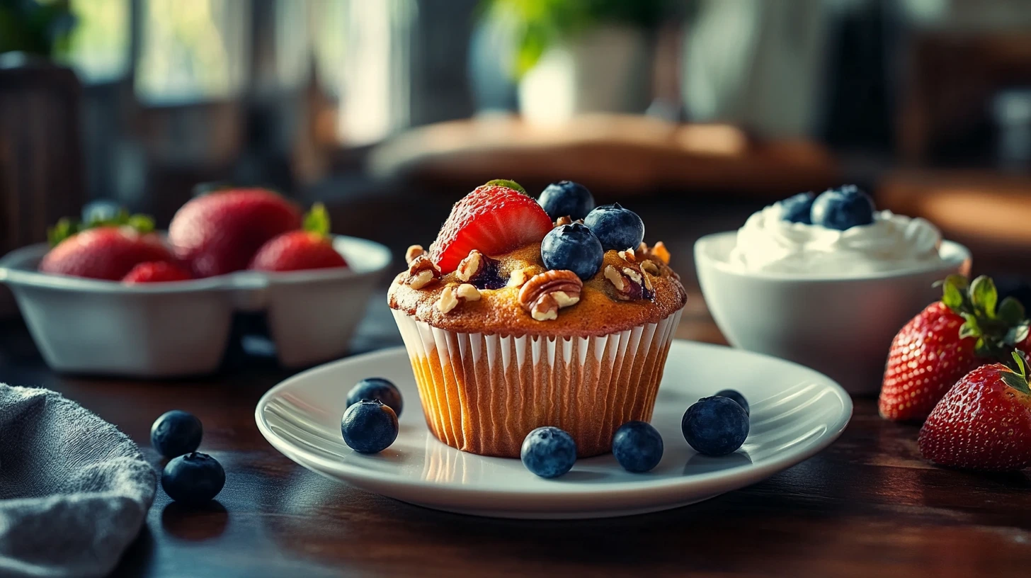 Banana nut muffin served with yogurt and berries